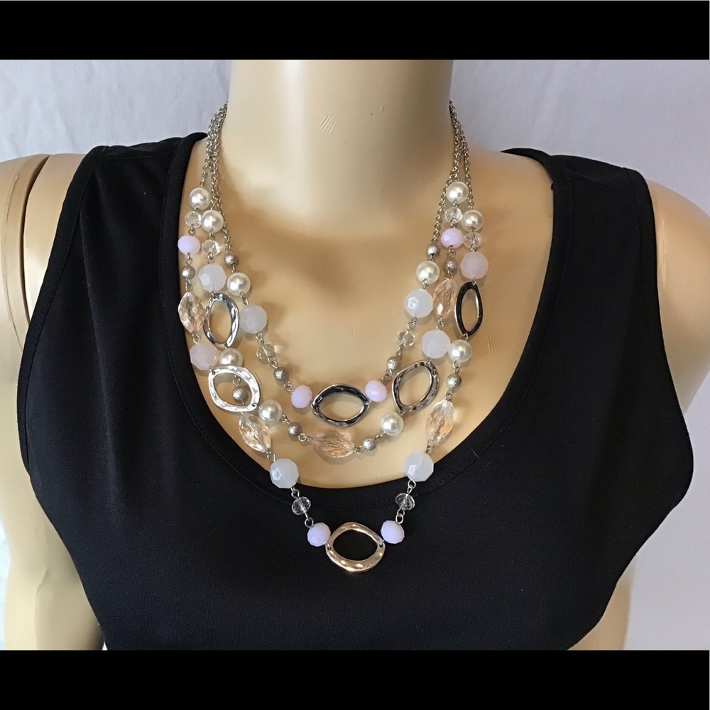 Necklace, 3 strands, pink, white, silver. NWOT.